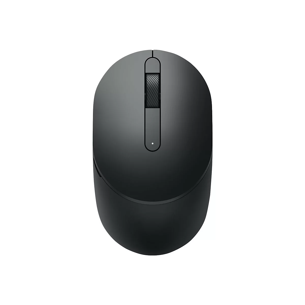 Schwarze Computermaus, Draufsicht. Auf der Oberseite ein Scrollrad und eine kleine LED.