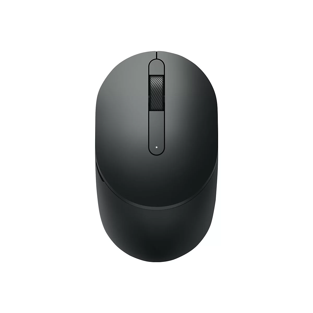 Draufsicht auf eine schwarze Computermaus, die auf einem weißen Hintergrund isoliert ist. Das Mausrad und der Bereich darum herum sind zu sehen.