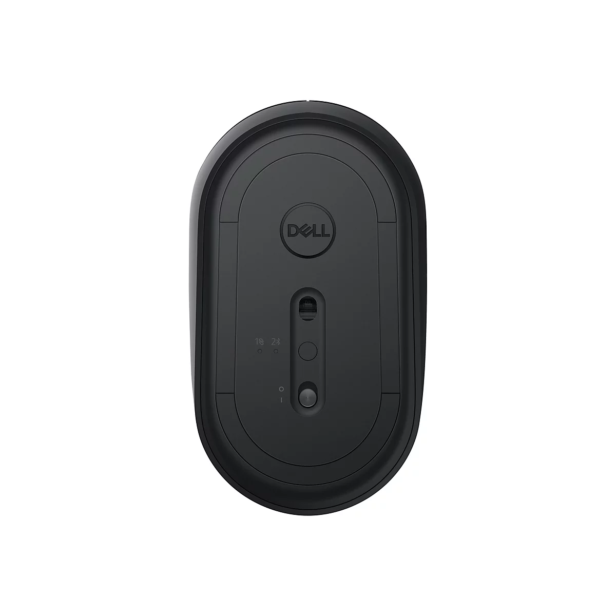 Draufsicht auf eine schwarze Dell-Maus. Auf der Unterseite ist das Dell-Logo zu sehen, sowie Tasten und Schalter.