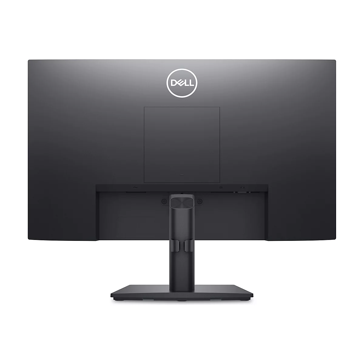 Vue arrière d'un moniteur Dell noir, avec logo. Le pied du moniteur est sur une surface grise.