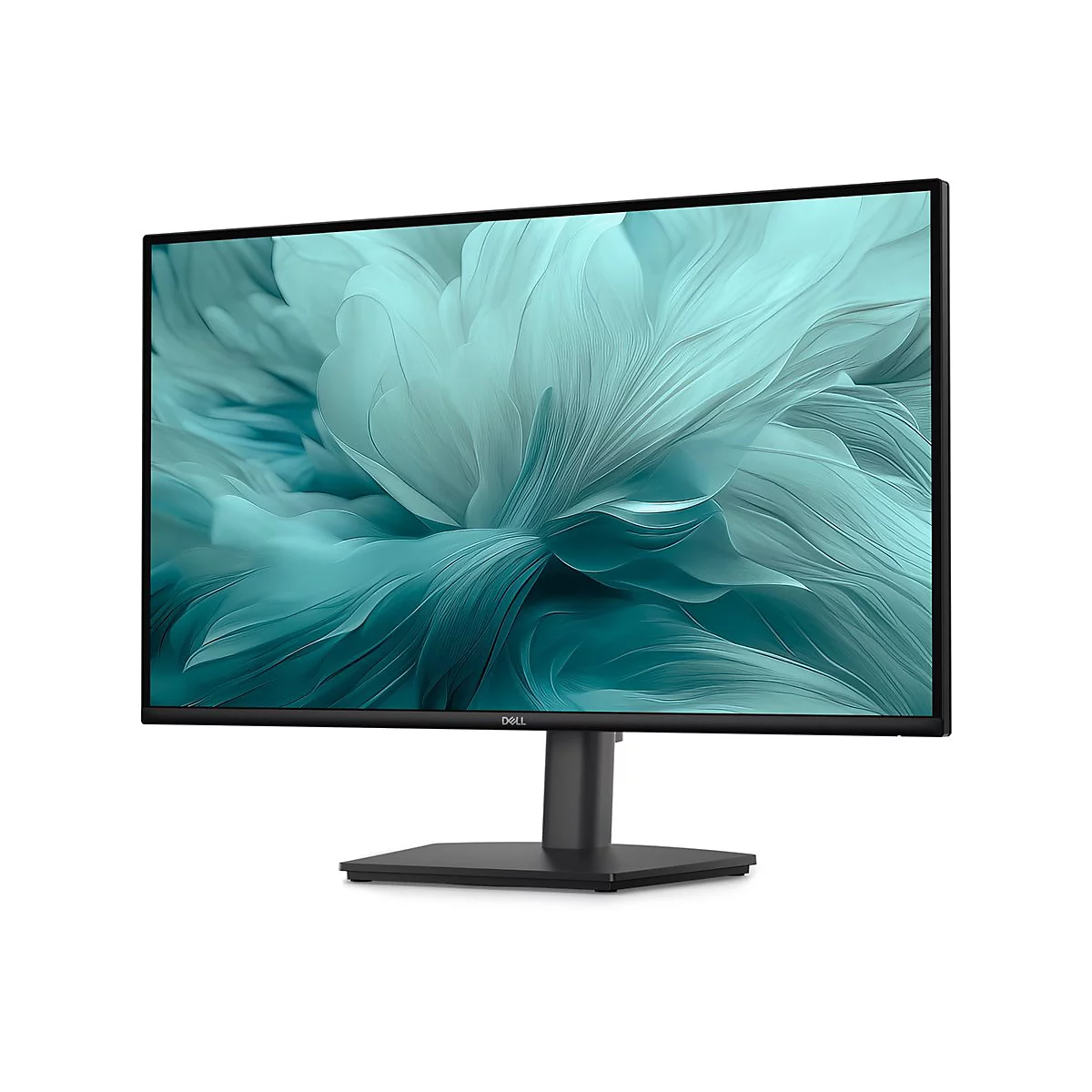 Un moniteur Dell noir sur fond blanc. L'écran affiche un motif abstrait bleu-vert.