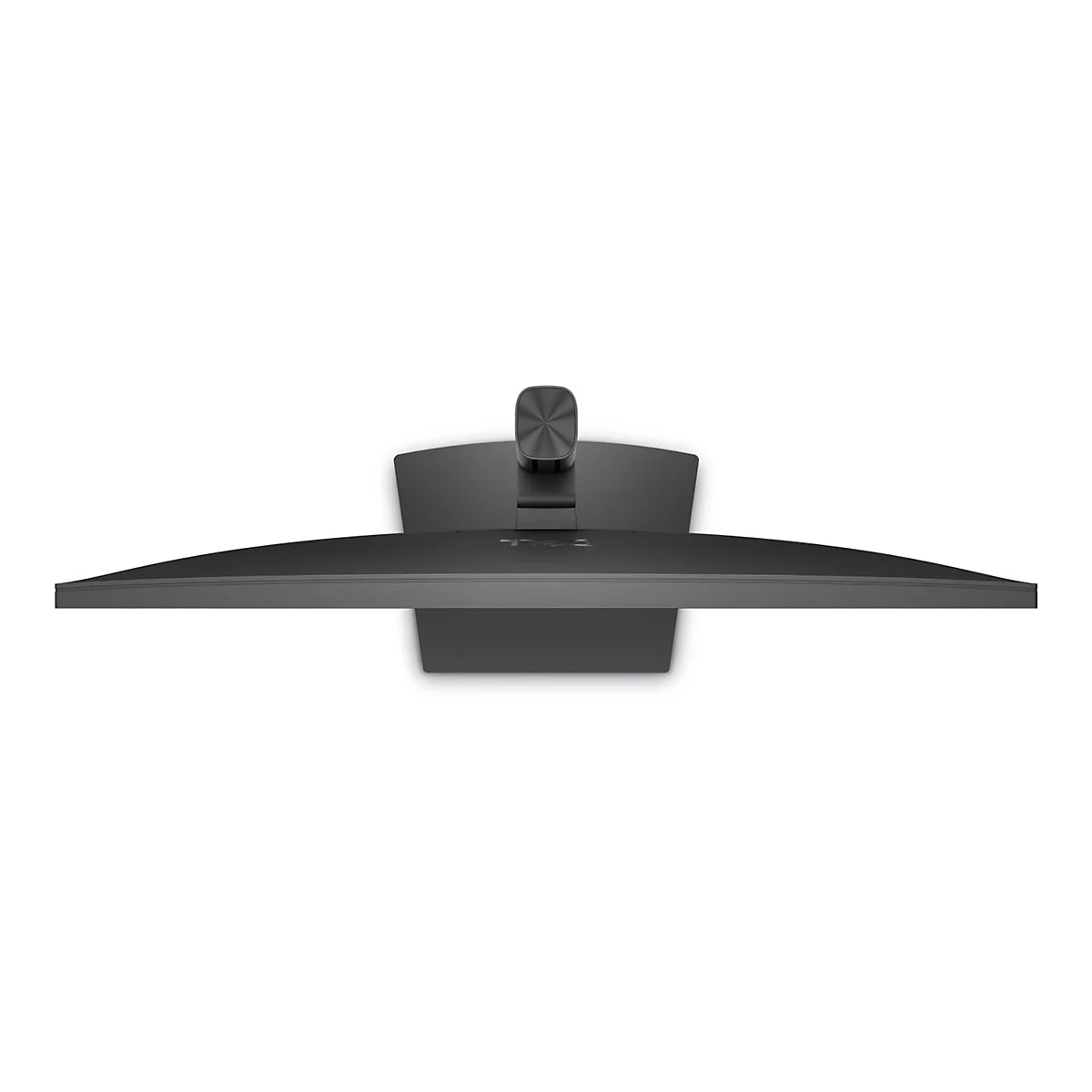 Vue de dessus d'un moniteur noir avec un écran incurvé sur fond blanc.