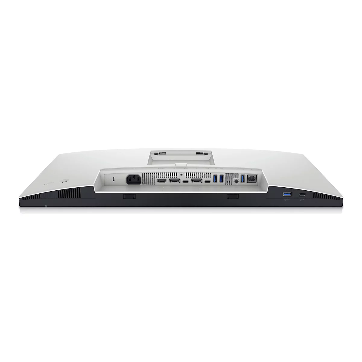 Rückseite eines weißen Monitors mit Anschlüssen, darunter Stromanschluss, HDMI, USB und LAN.