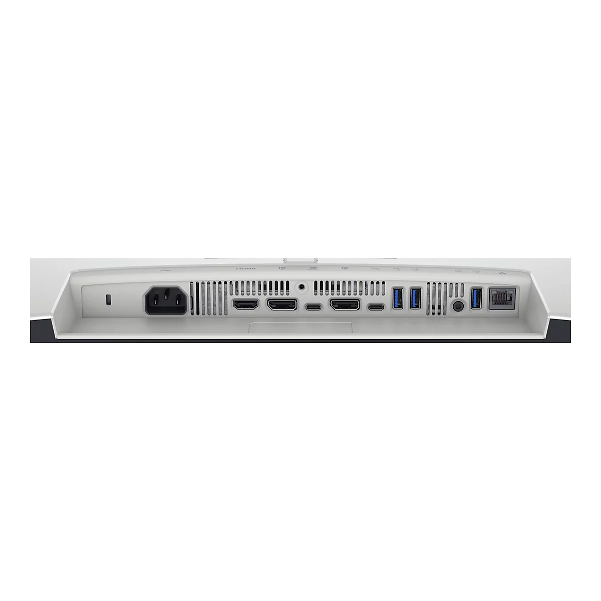 Rückseite eines Monitors. Anschlüsse für Strom, HDMI, USB und Netzwerk.