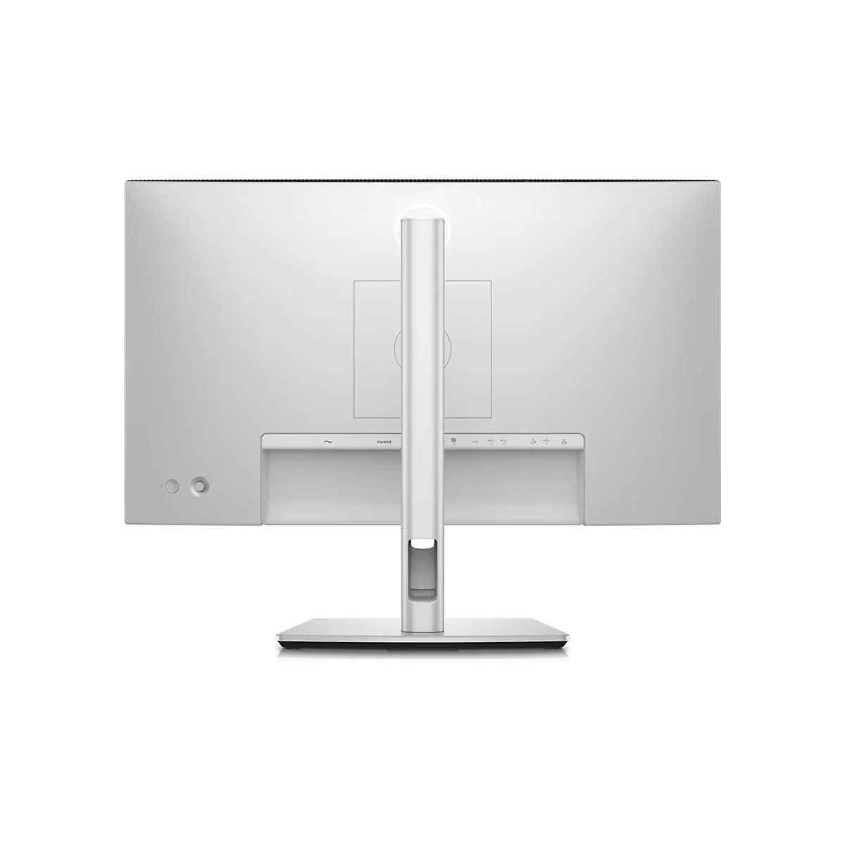 Rückseite eines hellgrauen Monitors mit Standfuß. Anschlüsse und Knöpfe sind sichtbar.