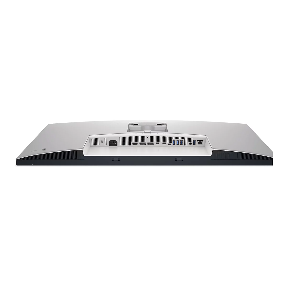 Rückseite eines silbernen Monitors mit Anschlüssen, u.a. für Strom, HDMI und USB.