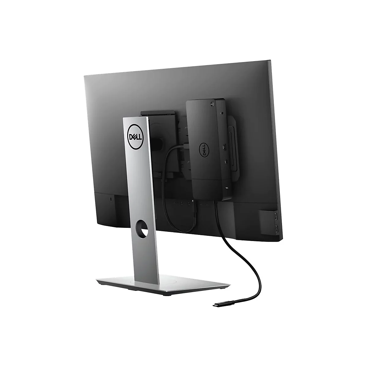 Rückansicht eines Dell-Monitors mit Dockingstation. Der Monitor ist schwarz, mit silbernem Ständer und Dell-Logo. Eine Dockingstation ist hinten angebracht.