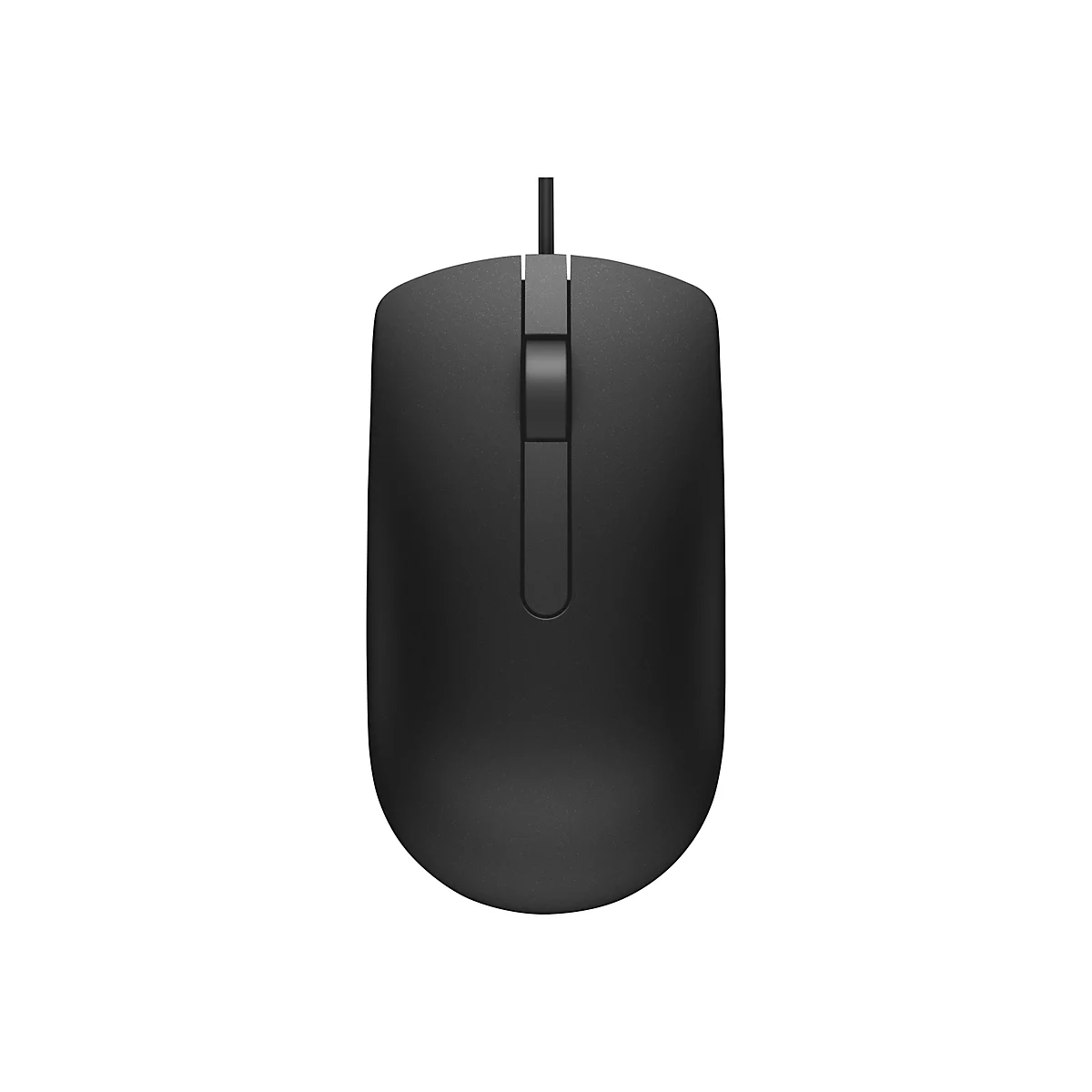 Schwarze Computermaus von oben. Kabel verbunden. Auf weißem Hintergrund.