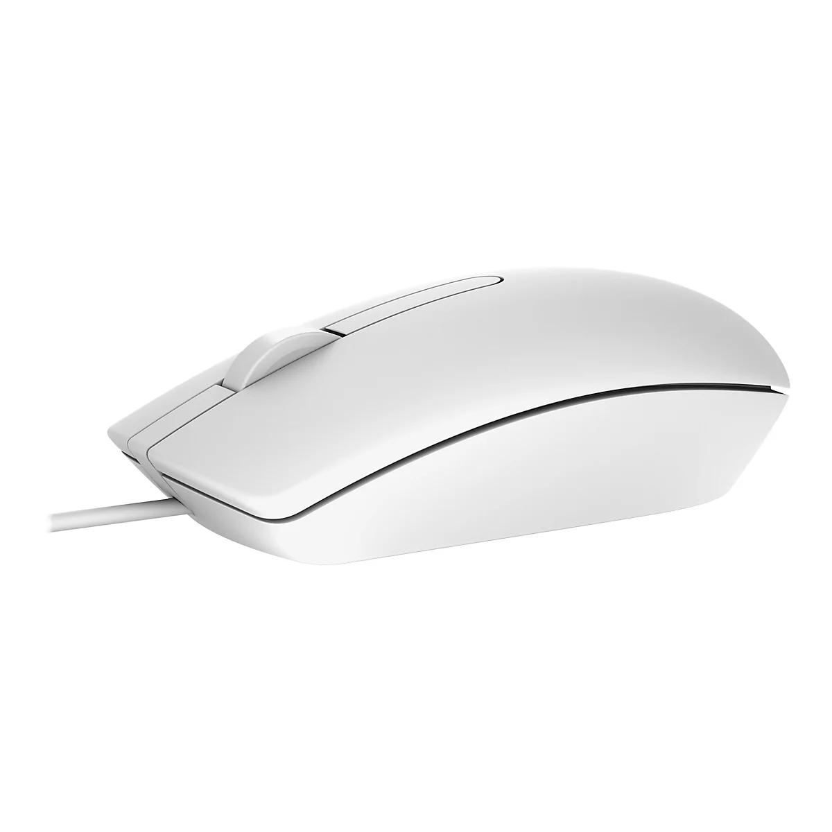 Weisse Computermaus, seitlich mit Kabelanschluss und Scrollrad.