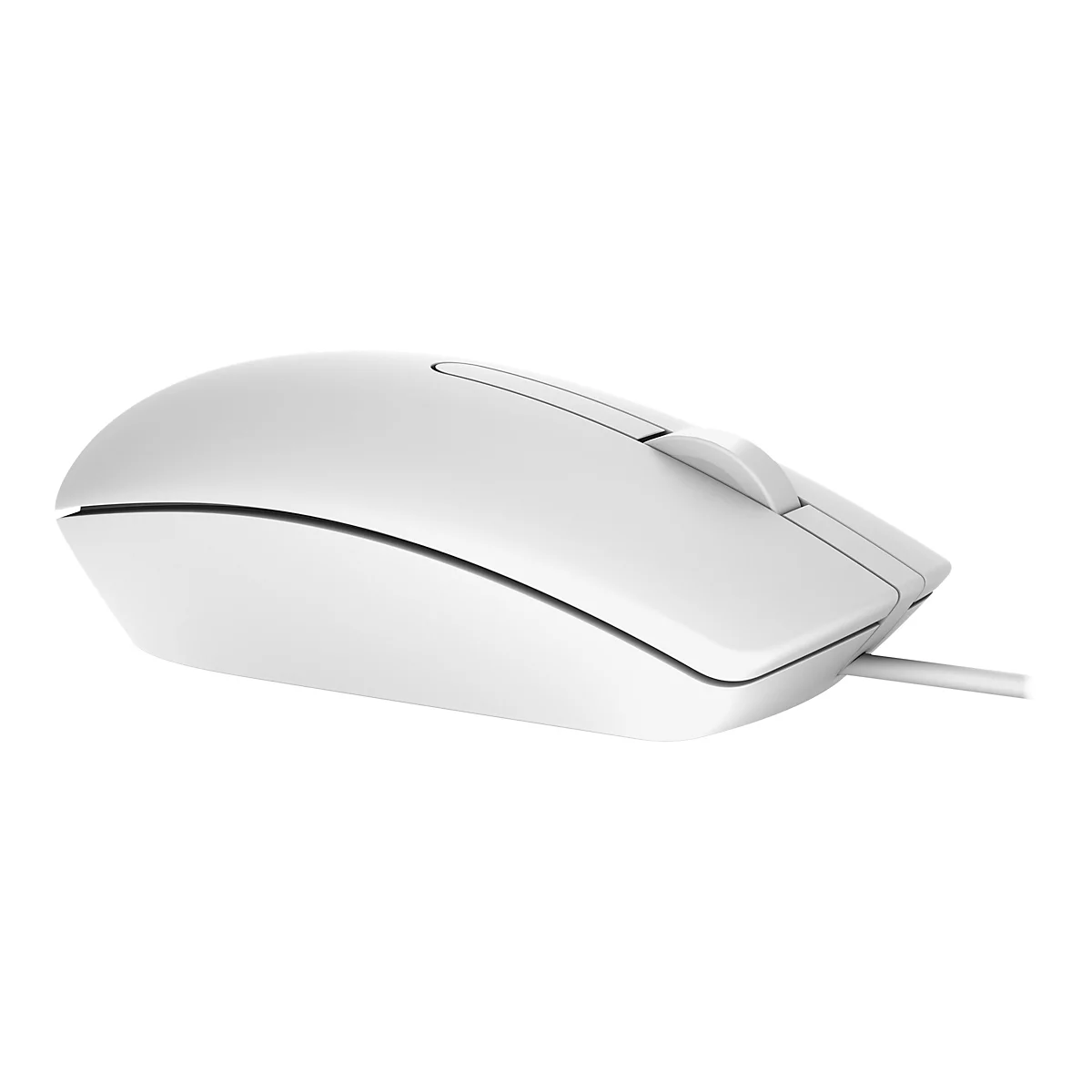 Weisse Computermaus mit Kabel, auf weissem Hintergrund.