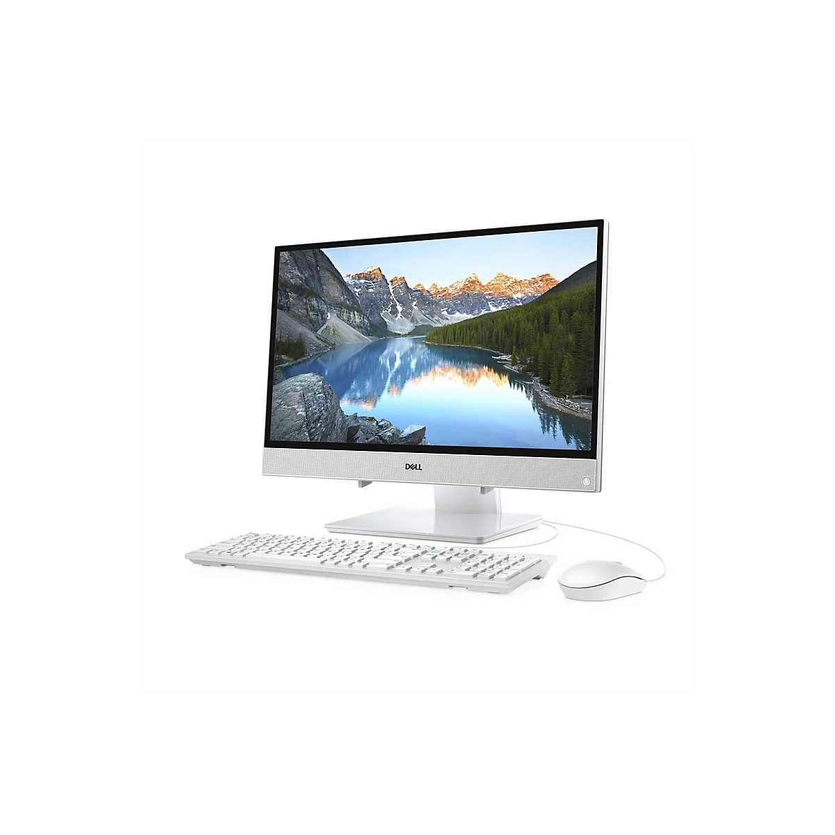WeiÃŸer Dell All-in-One-PC mit Tastatur und Maus. Der Bildschirm zeigt eine Landschaft mit Bergen und See.