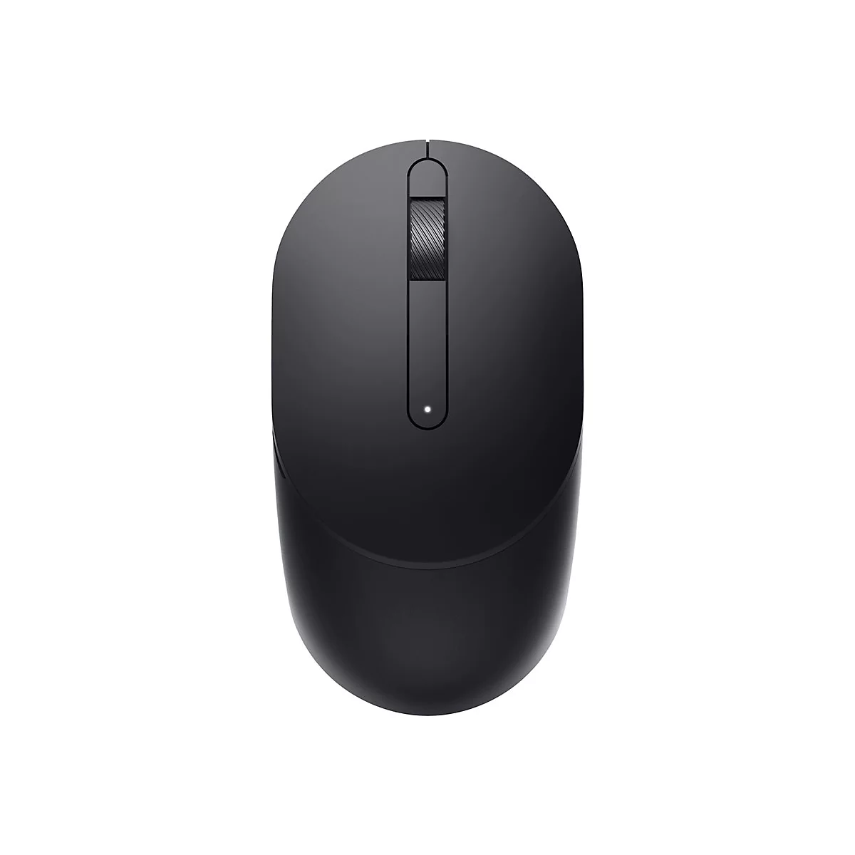 Draufsicht auf eine schwarze Computermaus. Oberhalb des Mausrades befindet sich ein schmaler Schlitz. Unterhalb des Rades ist ein kleines weiÃŸes Licht.