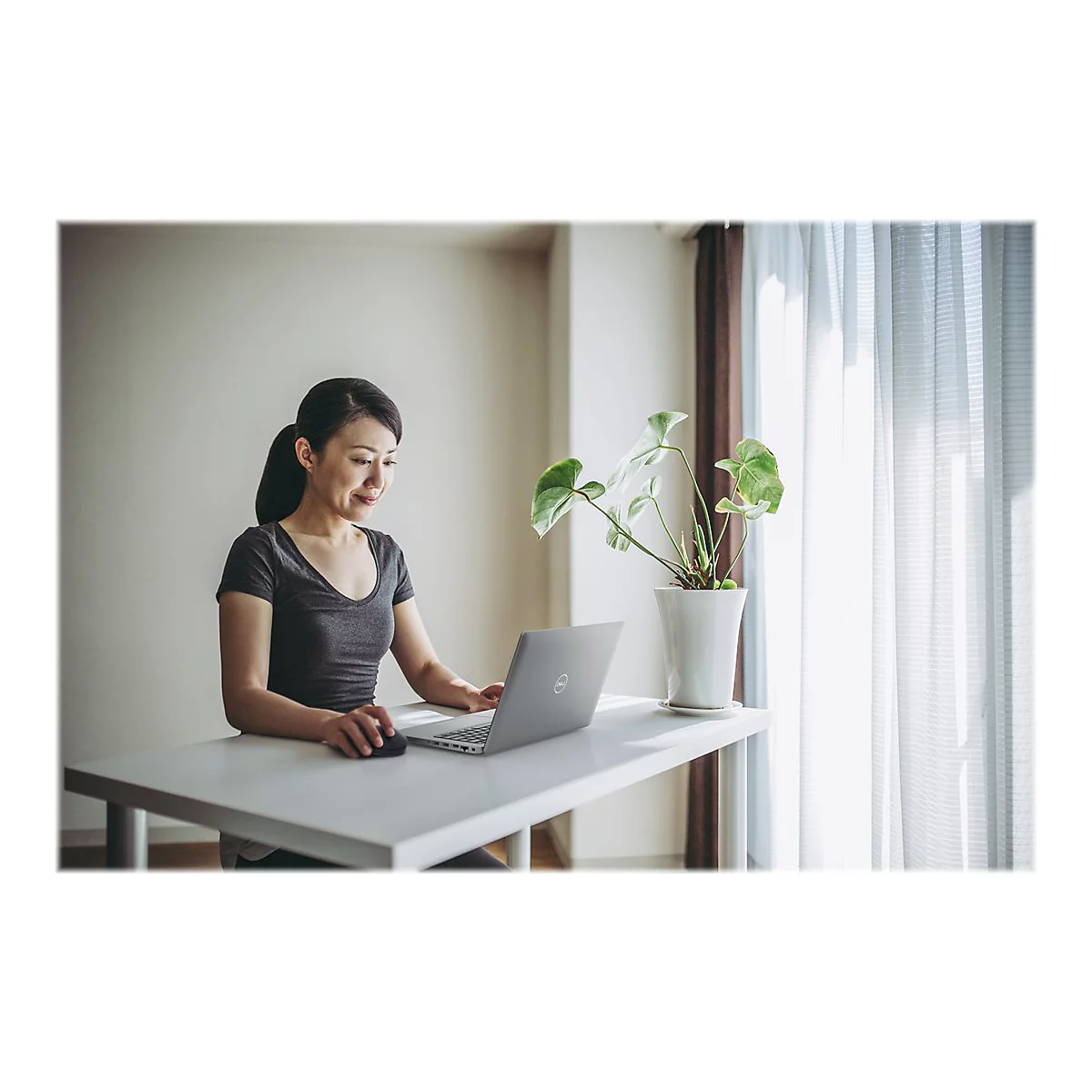 Eine Frau arbeitet an einem Stehtisch mit Laptop und Maus. Daneben eine Pflanze am Fenster.