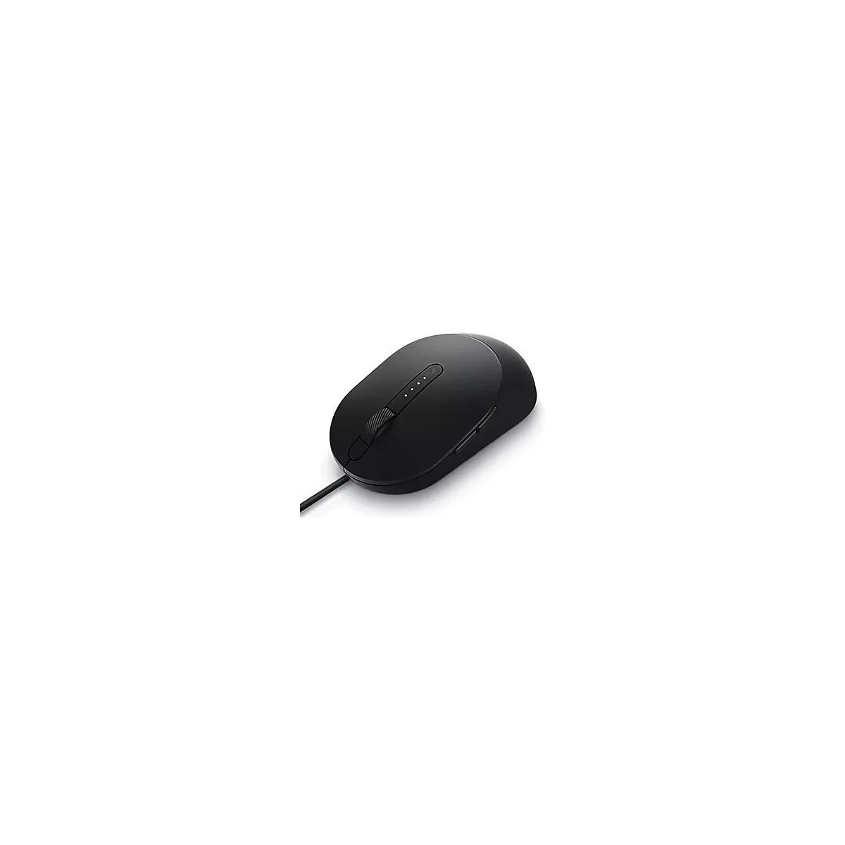 Schwarze Maus, von oben fotografiert. Mit Kabel. Auf der Oberseite befinden sich vier kleine Punkte.