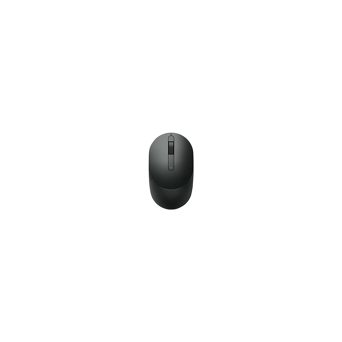 Draufsicht auf eine schwarze Computermaus. Sie hat ein Scrollrad und zwei Maustasten. Auf weiÃŸem Hintergrund.