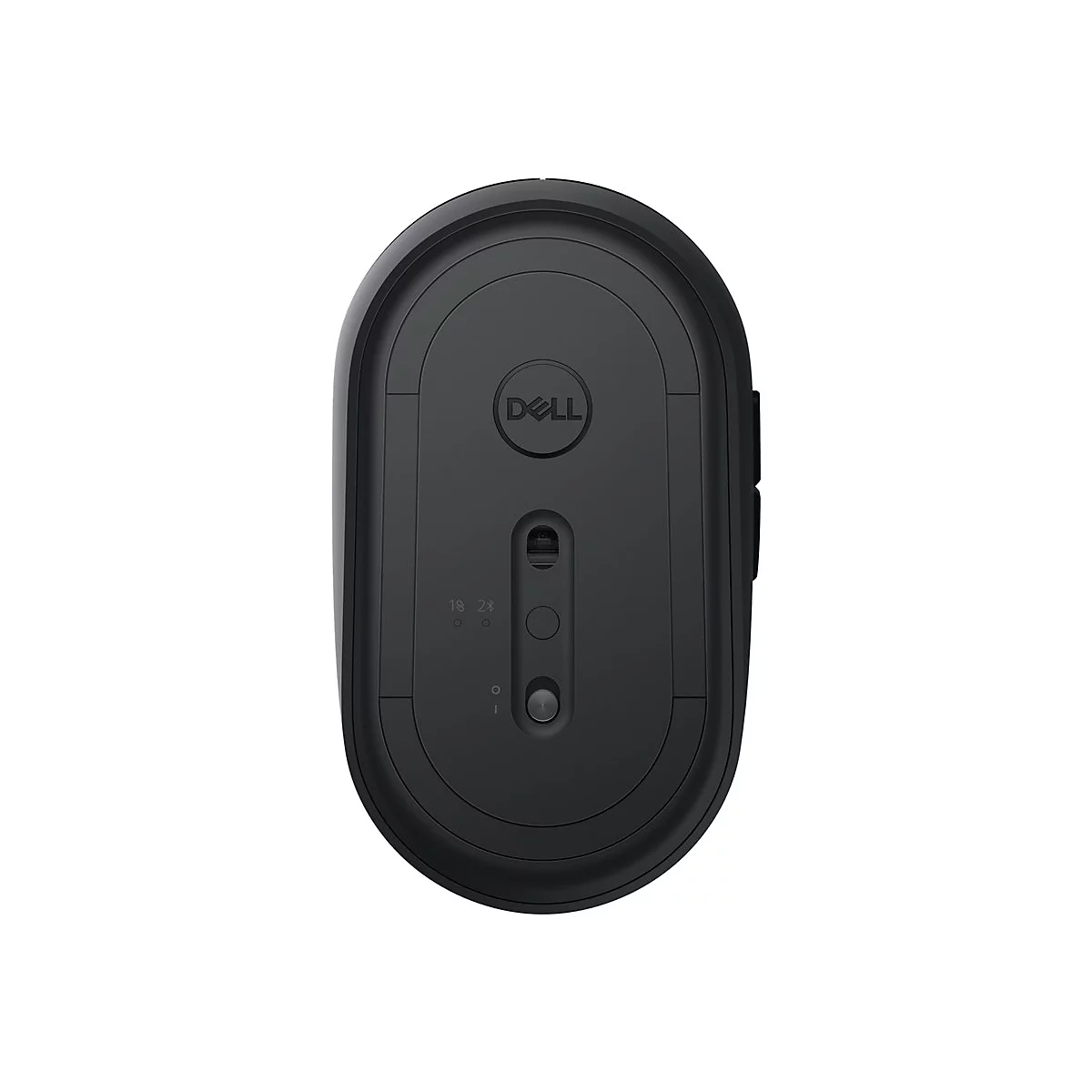Schwarze Computermaus mit DELL-Logo. Auf der Unterseite befinden sich Bedienelemente.