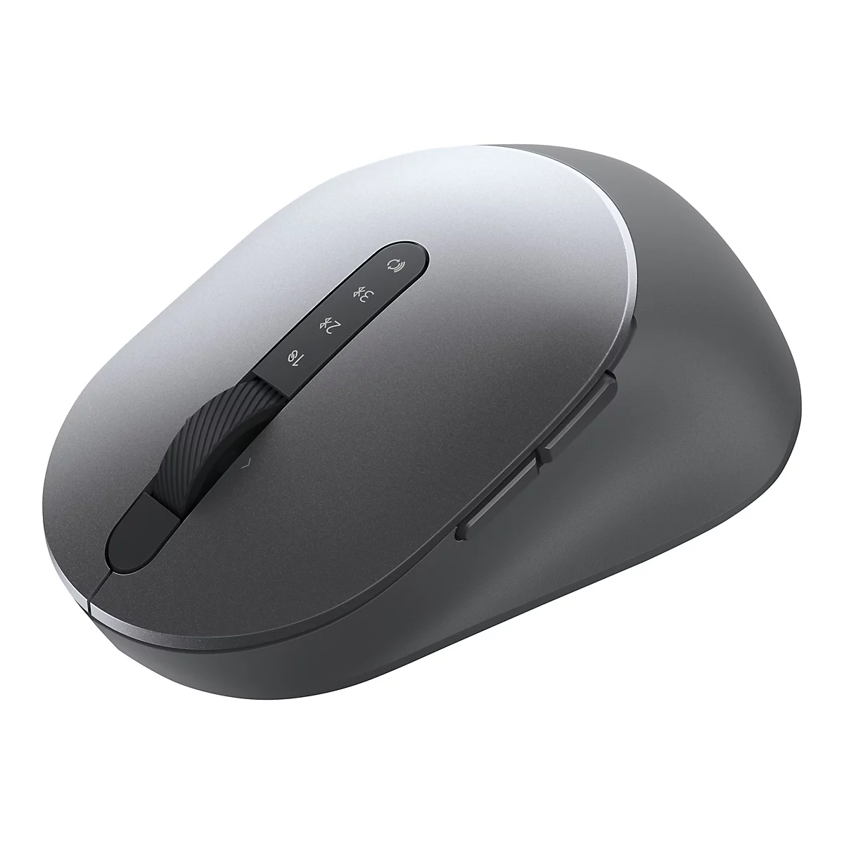 Souris d'ordinateur grise avec molette et boutons, vue de dÃ©tail.