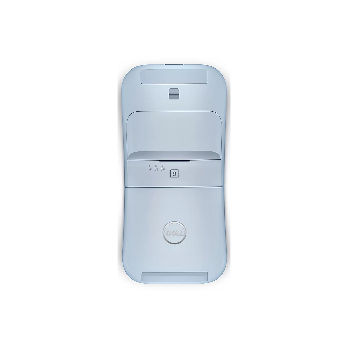 Hellblaues, längliches Gerät mit abgerundeten Ecken. Oben eine Öffnung, darunter eine Anzeige mit Punkten und Bluetooth-Symbol. Unten das Dell-Logo.