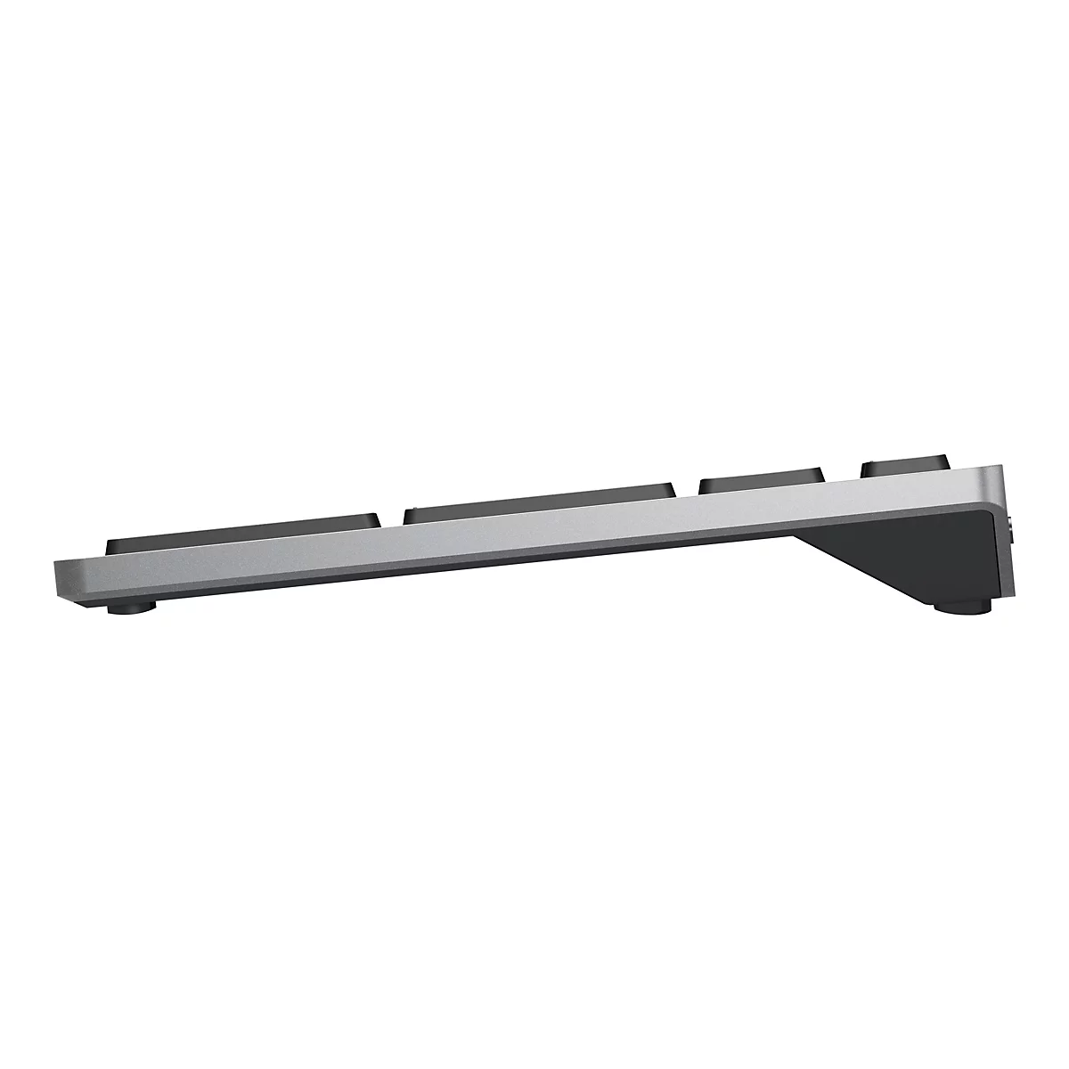 Vue latérale d'un clavier gris avec des touches noires. Le clavier est légèrement incliné et repose sur de petits pieds.