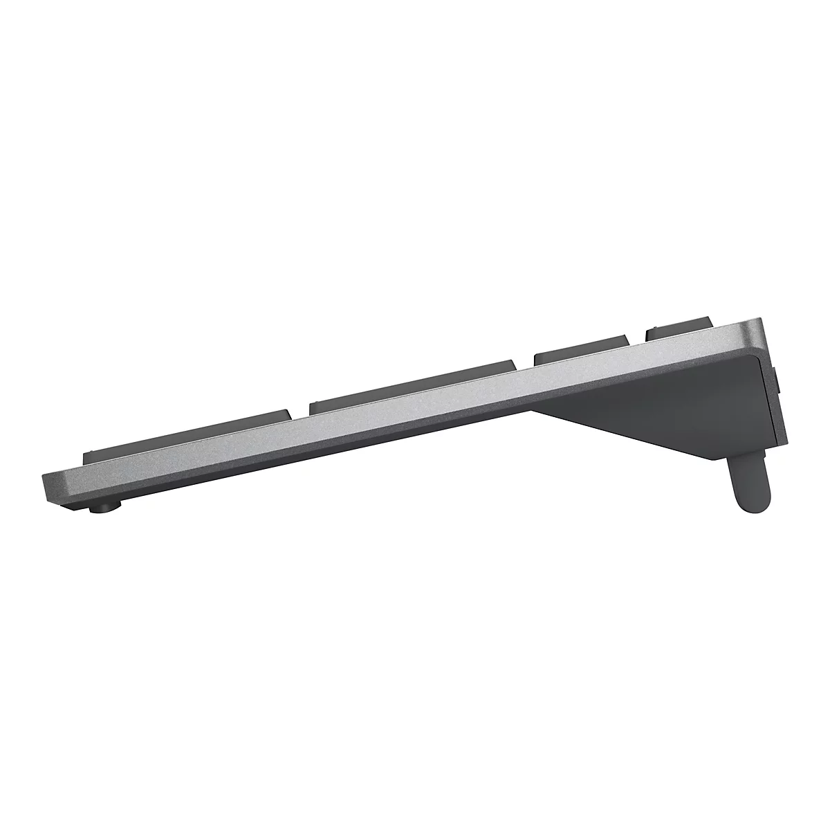 Seitenansicht einer silbernen Tastatur mit schwarzen Tasten. Die Tastatur steht auf einem weißen Hintergrund.