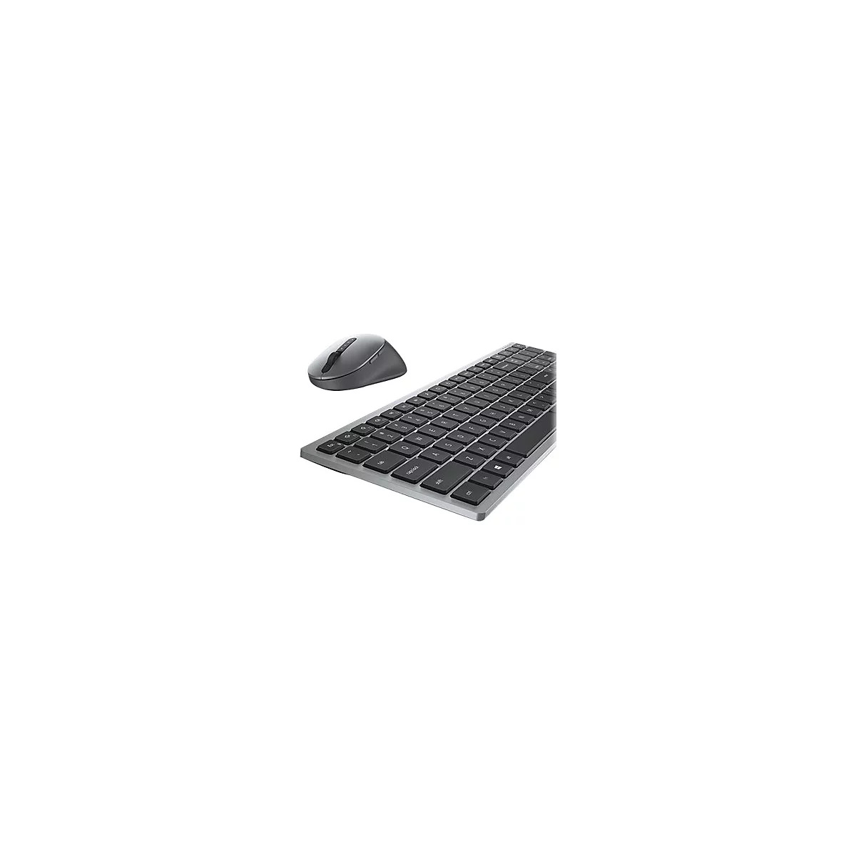 Graue Tastatur und Maus auf weißem Hintergrund. Die Tastatur hat schwarze Tasten, die Maus ein Scrollrad.