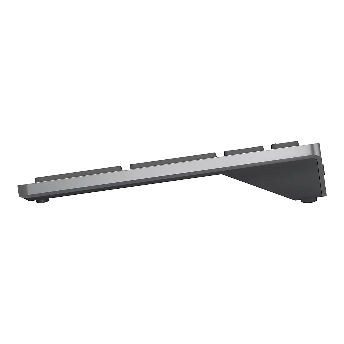 Nahaufnahme einer Computer-Tastatur in Silber und Schwarz. Die Perspektive zeigt die Tastatur von der Seite, mit Fokus auf die obere Kante.