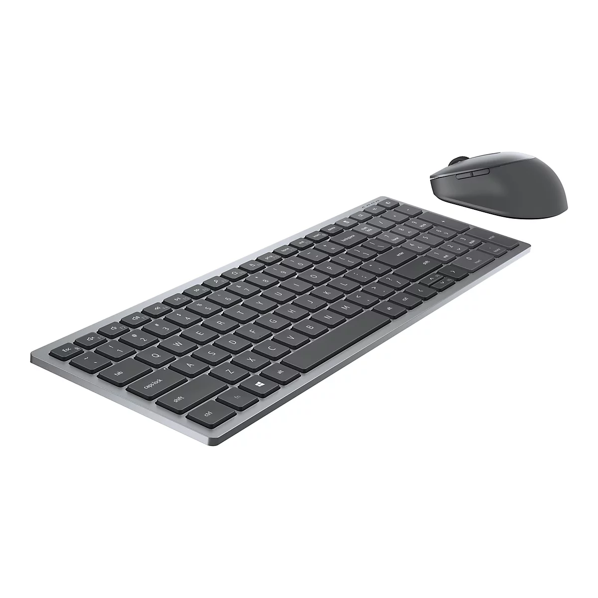 Drahtlose Tastatur und Maus auf weißem Hintergrund. Die Tastatur ist silberfarben mit dunklen Tasten, die Maus ist grau.