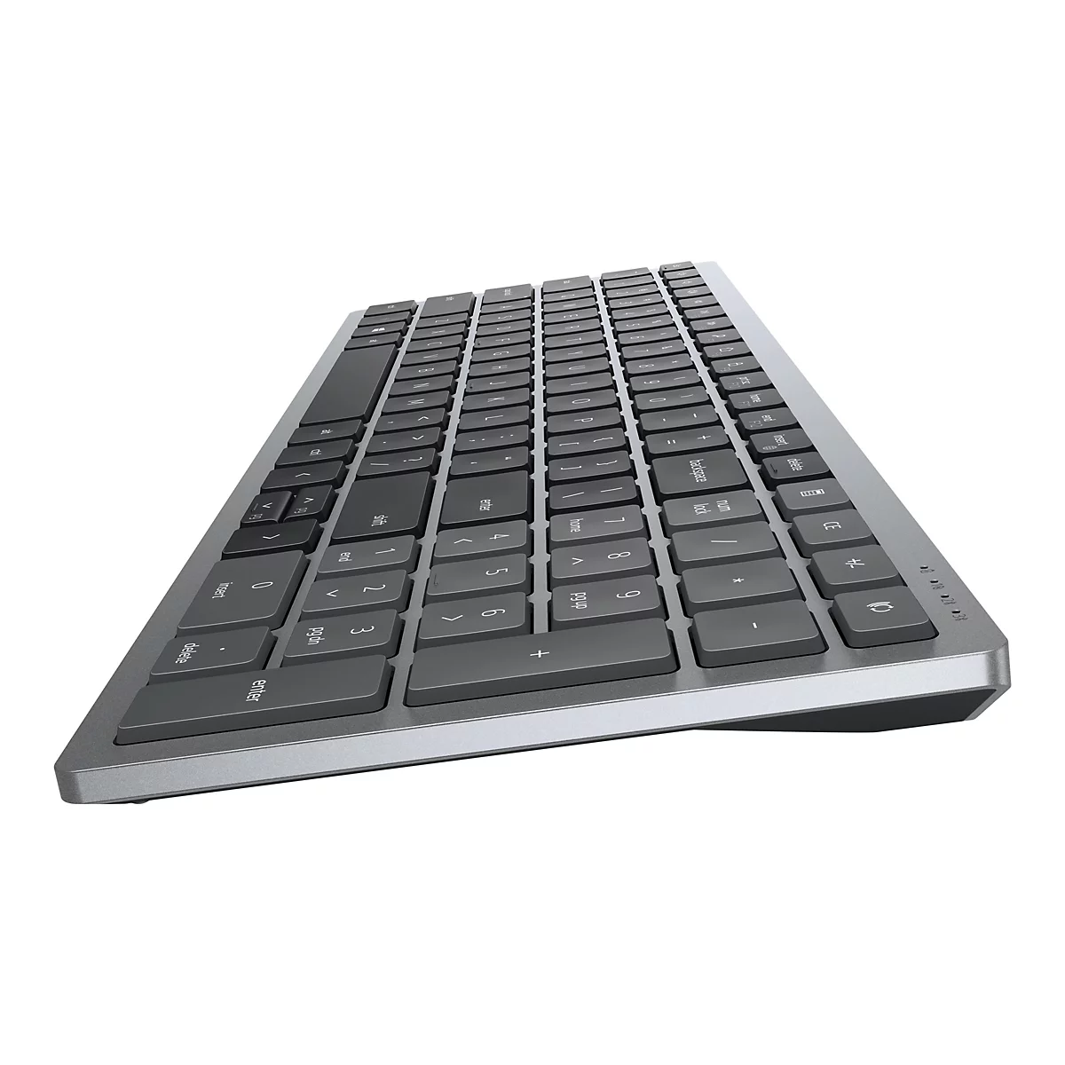 Ein graues Keyboard mit schwarzen Tasten auf weißem Hintergrund.