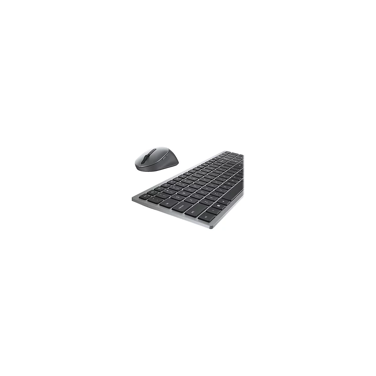 Drahtlose Tastatur und Maus in Grau, schwarze Tasten. Auf weißem Hintergrund.
