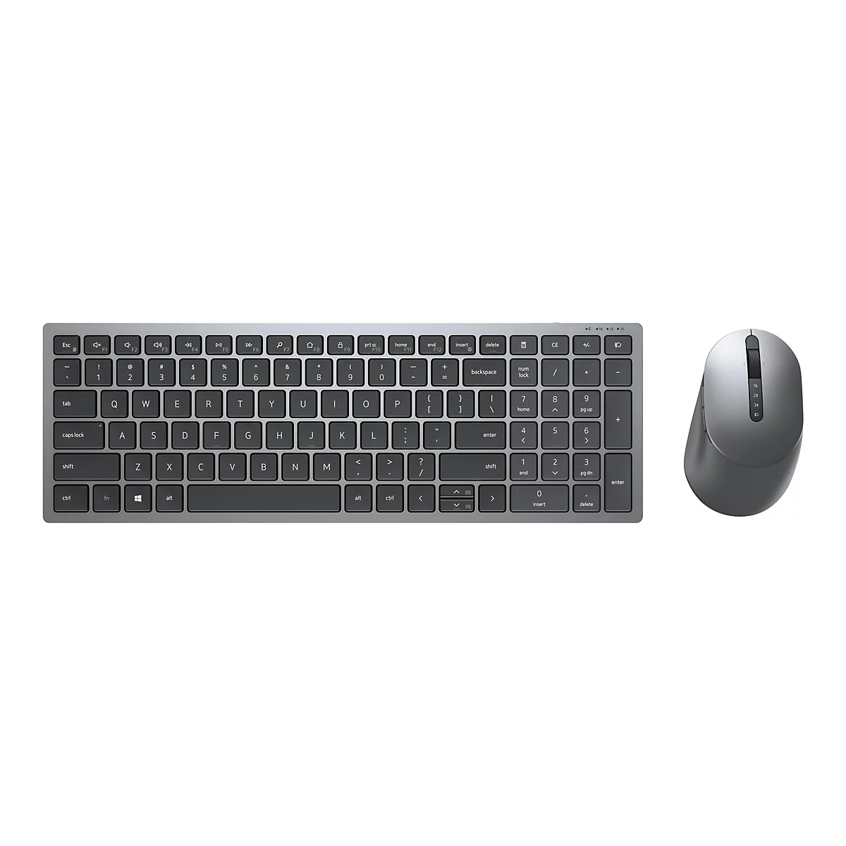 Draufsicht auf eine graue Tastatur und Maus. Die Tastatur hat dunkle Tasten mit weißer Schrift, die Maus hat eine geschwungene Form.