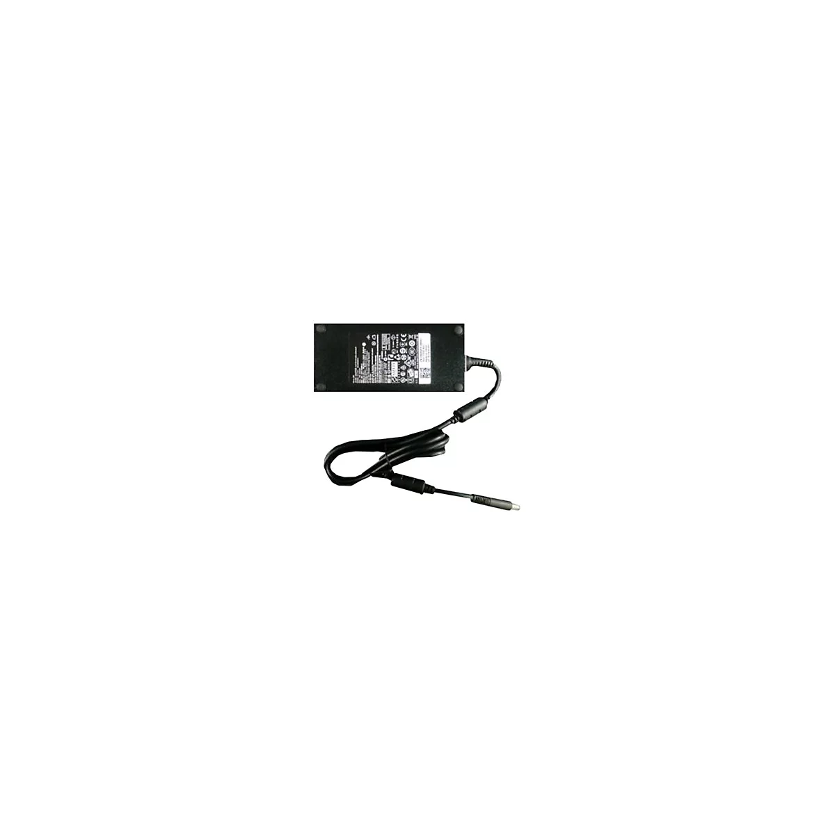 Ein schwarzes Laptop-Netzteil mit Kabel, Stecker und Etikett. Deutliche Details.