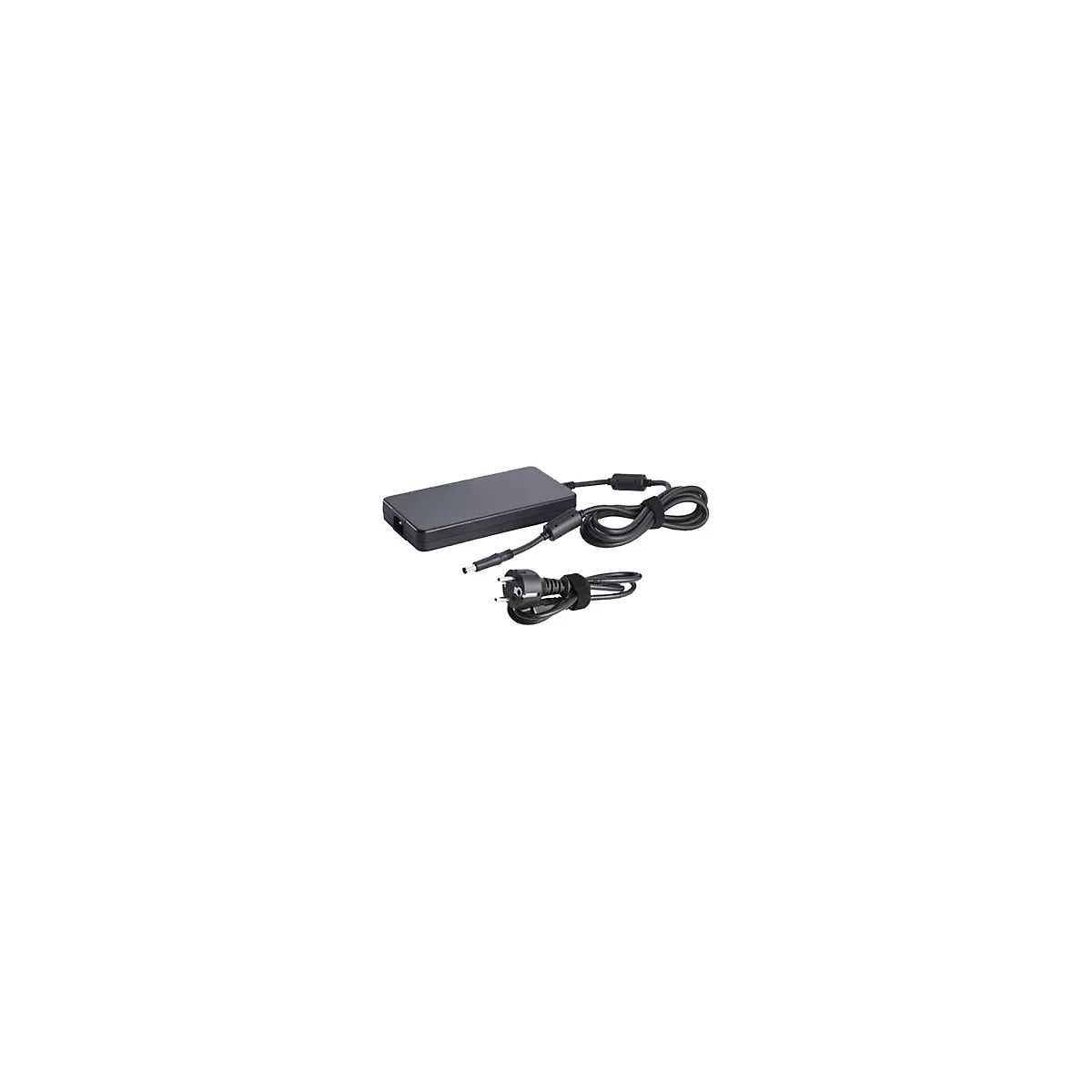 Schwarzes Laptop-Netzteil mit Kabeln, Stecker und Klettverschluss.