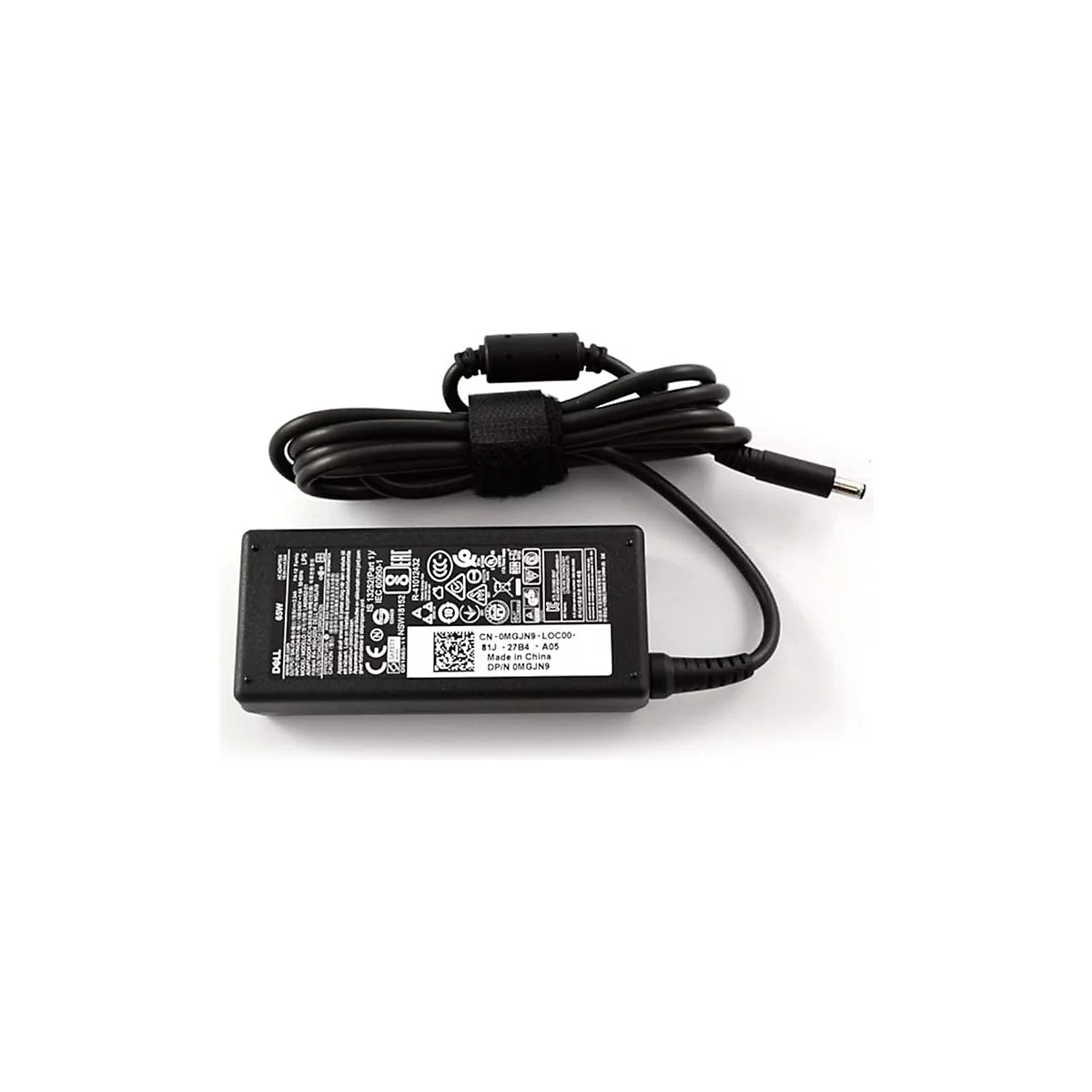 Adaptateur secteur noir Dell avec câble. Des détails techniques et un logo Dell sont visibles sur l'étiquette.