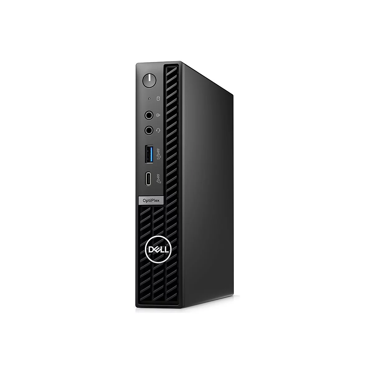 Mini-PC Dell OptiPlex noir, debout. Façade : logo, ports, bouton d'alimentation.