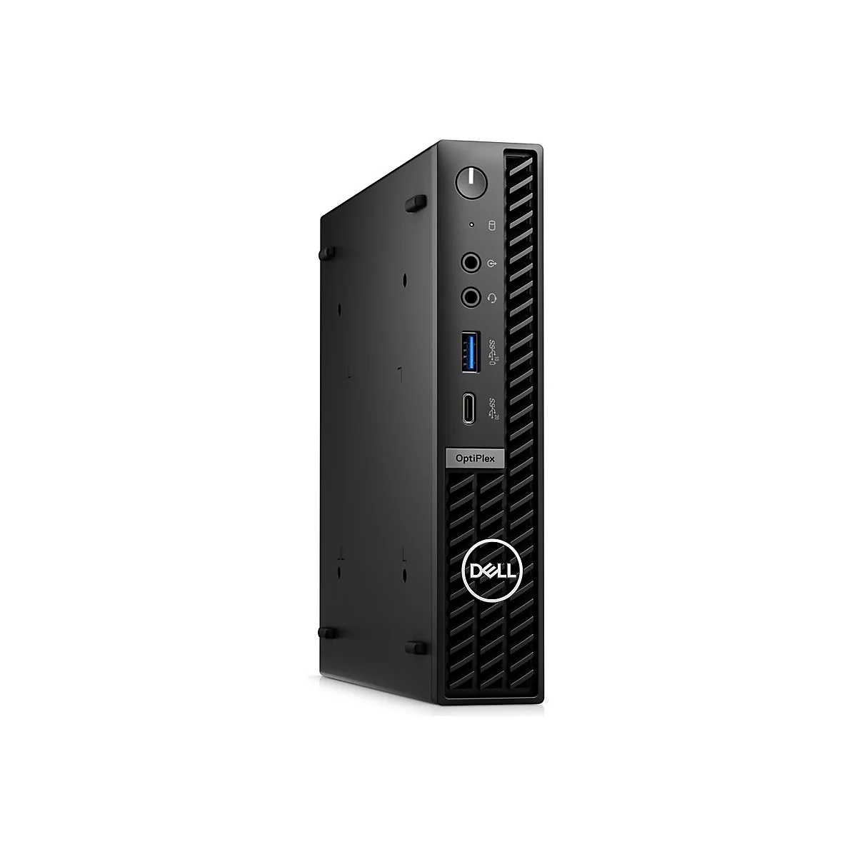 Mini-PC OptiPlex noir de Dell, aligné verticalement sur fond blanc. Avec ports, logo Dell et bouton d'alimentation.