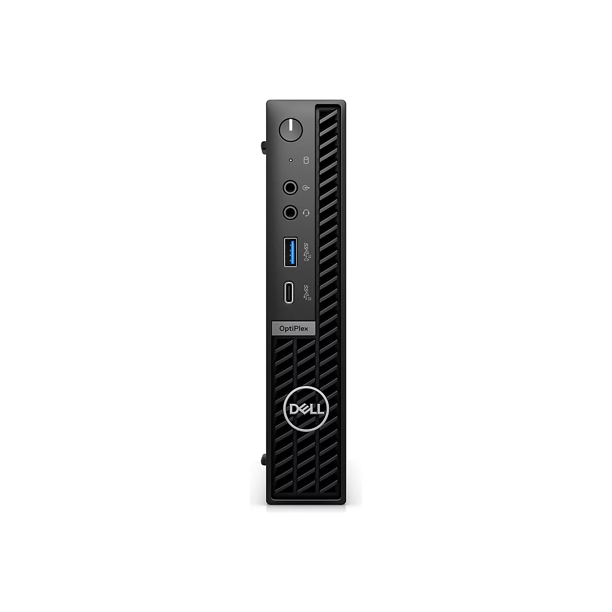 Mini-PC Dell OptiPlex noir, vue de face verticale. En haut : bouton d'alimentation, ports, logo.