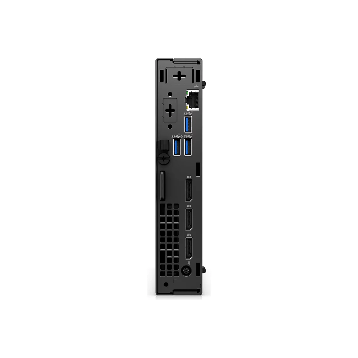 Mini-PC noir avec diffÃ©rents ports et fentes de ventilation sur fond blanc.