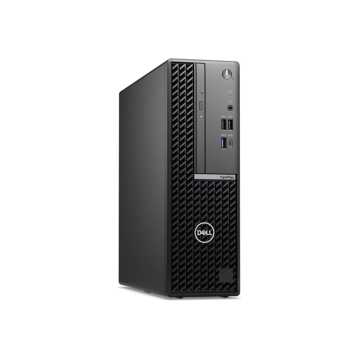 Schwarzer Dell OptiPlex-Desktop-PC vor weißem Hintergrund. Auf der Vorderseite befinden sich mehrere Anschlüsse und das OptiPlex-Logo.