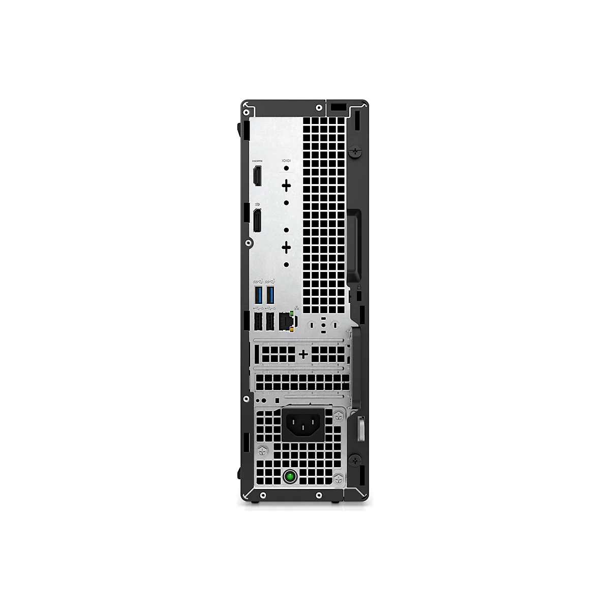 Rückansicht eines schwarzen Desktop-Computers mit verschiedenen Anschlüssen und Lüftungsschlitzen auf weißem Hintergrund.