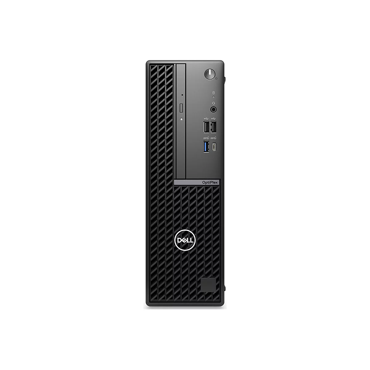 Schwarzer Dell OptiPlex PC-Tower mit verschiedenen Anschlüssen und dem Dell Logo. Auf weißem Hintergrund.