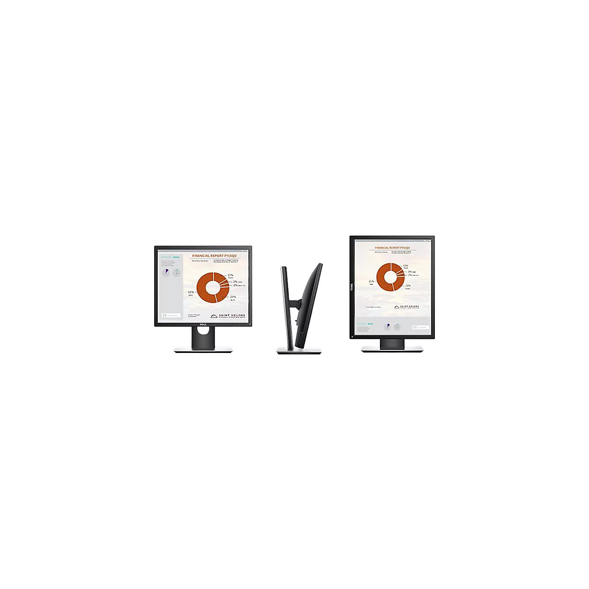Trois moniteurs, un de face et un de côté, affichant des rapports financiers. Tous les moniteurs sont noirs avec des pieds argentés.