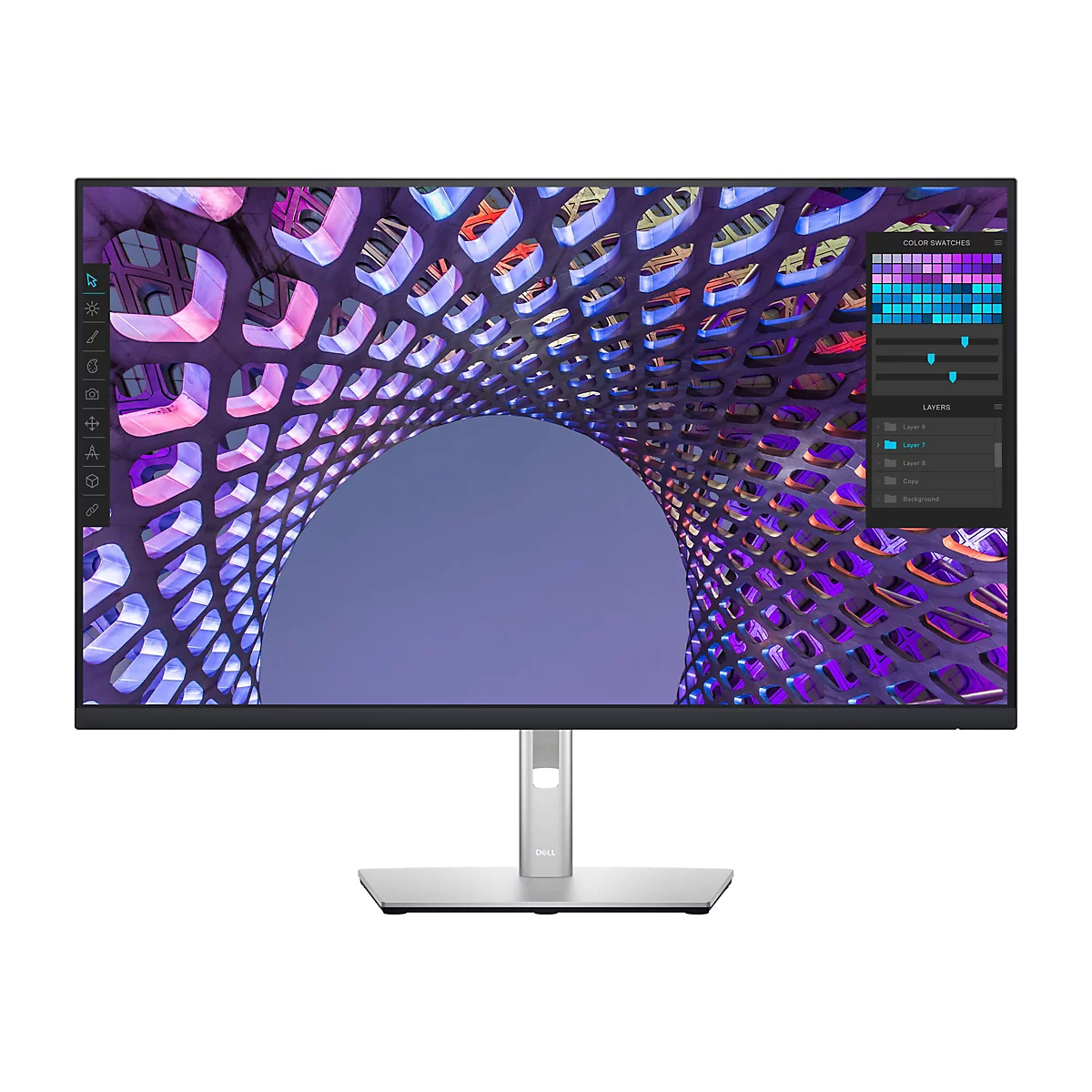 Ein Dell-Monitor zeigt ein abstraktes, farbenfrohes Design. Links eine Symbolleiste, rechts Farbpaletten und Ebenen. Der Monitor hat einen silberfarbenen Standfuß.