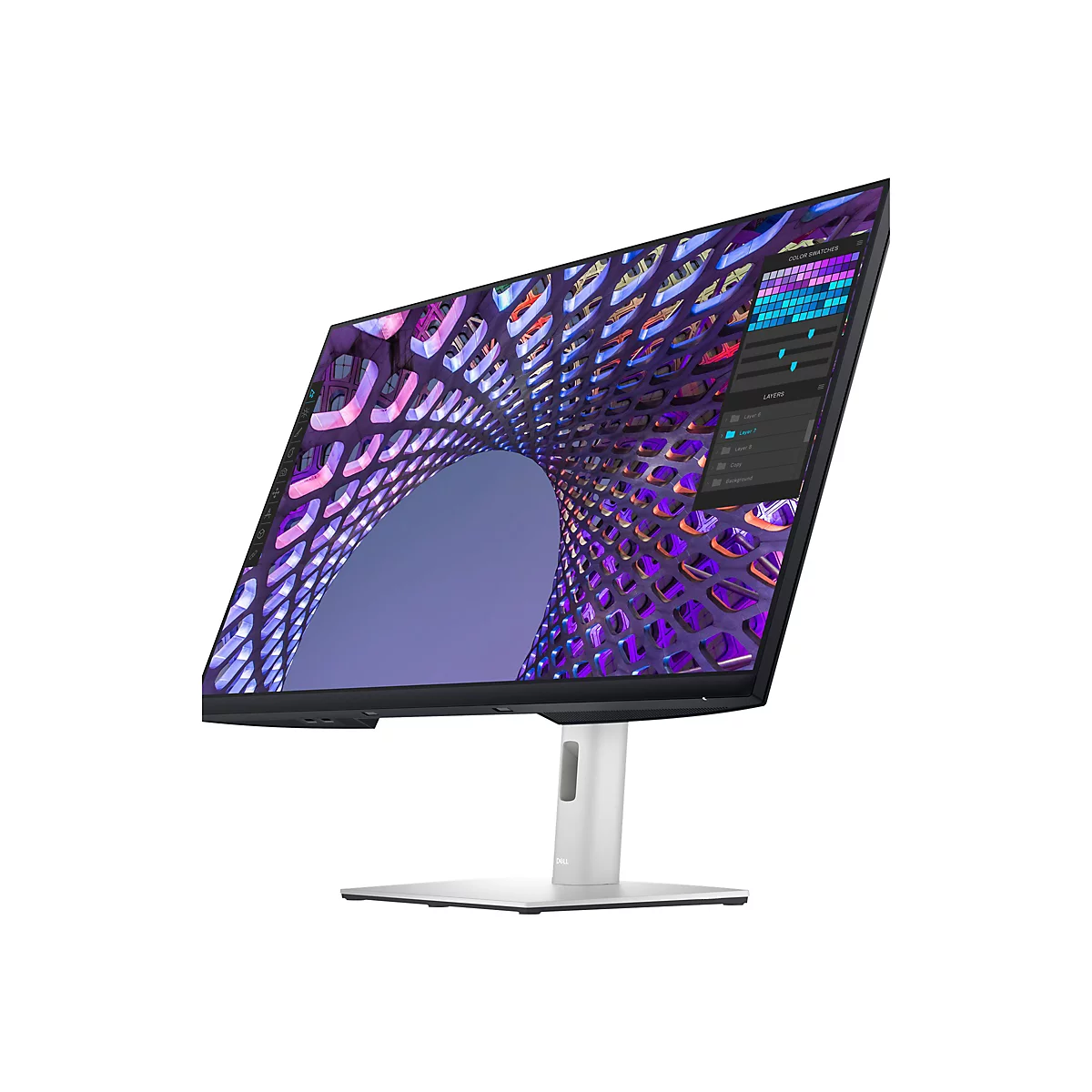 Ein gebogener Dell Monitor mit modernem Design, zeigt eine farbenfrohe, abstrakte Grafik mit Software-Tools. Der Monitor steht auf einem weißen Ständer.