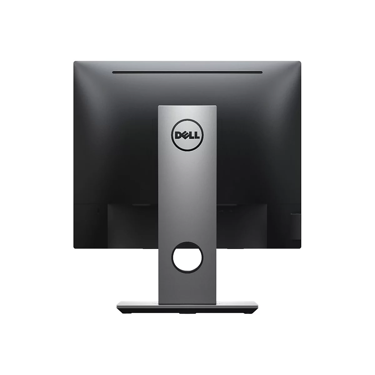 Rückseite eines schwarzen Dell Monitors mit silbernem Fuß. Das Dell Logo ist mittig angebracht.
