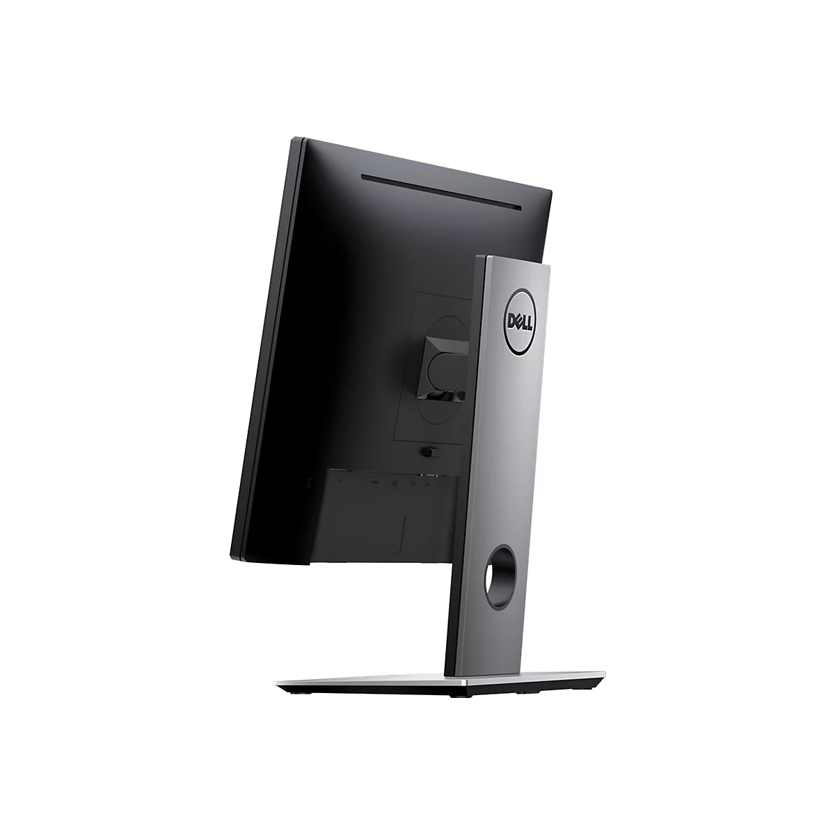 Der Monitor zeigt die Rückseite, ein dunkler Bildschirm und ein silberner Ständer mit Dell-Logo. Der Ständer hat ein Loch.