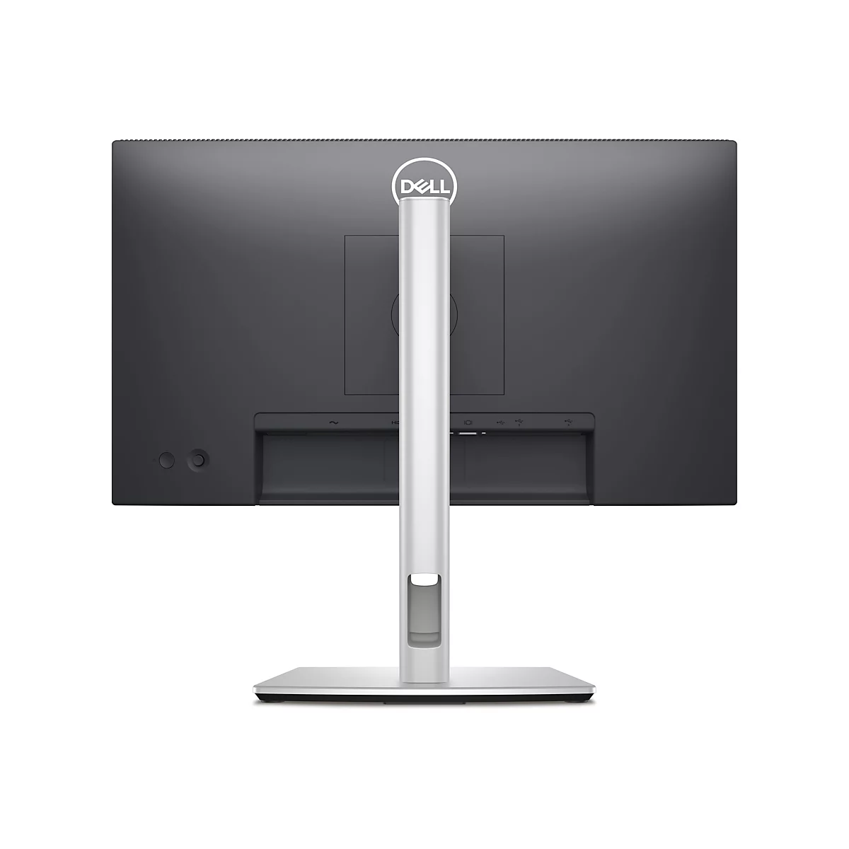 Rückseite eines schwarzen Dell-Monitors, der von einem silberfarbenen Ständer gehalten wird. Das Dell-Logo ist oben zentriert.