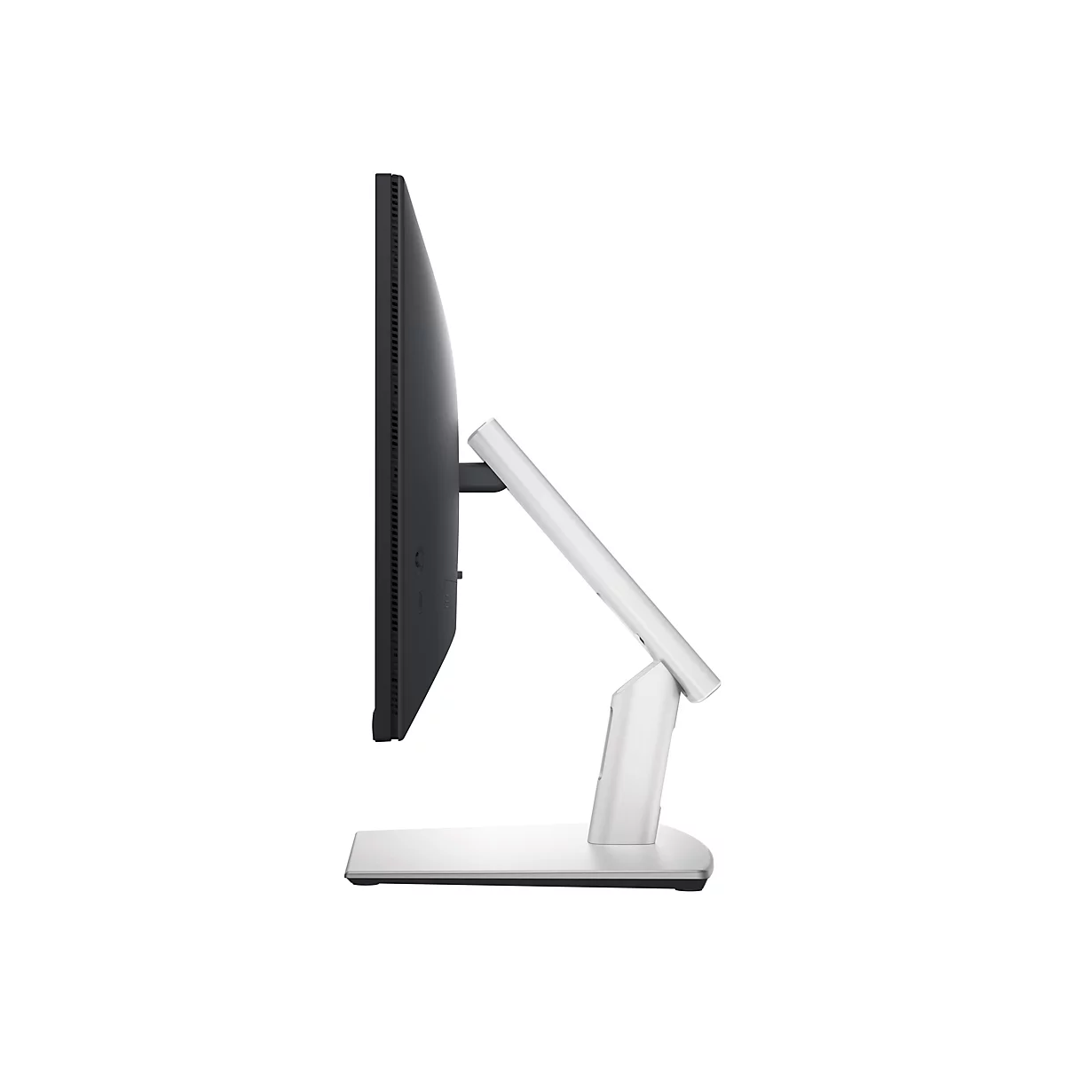 Seitenansicht eines schwarzen Monitors mit weißem Standfuß. Der Monitor hat schmale Ränder und eine glatte Oberfläche. Der Standfuß hat einen modernen, minimalistischen Stil.