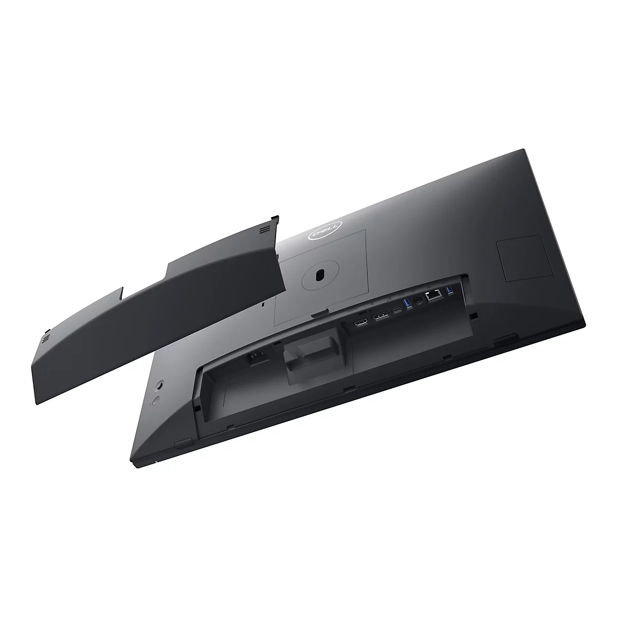 Rückseite eines schwarzen Dell Monitors mit abgenommenem Gehäuseteil, Ports sind sichtbar.