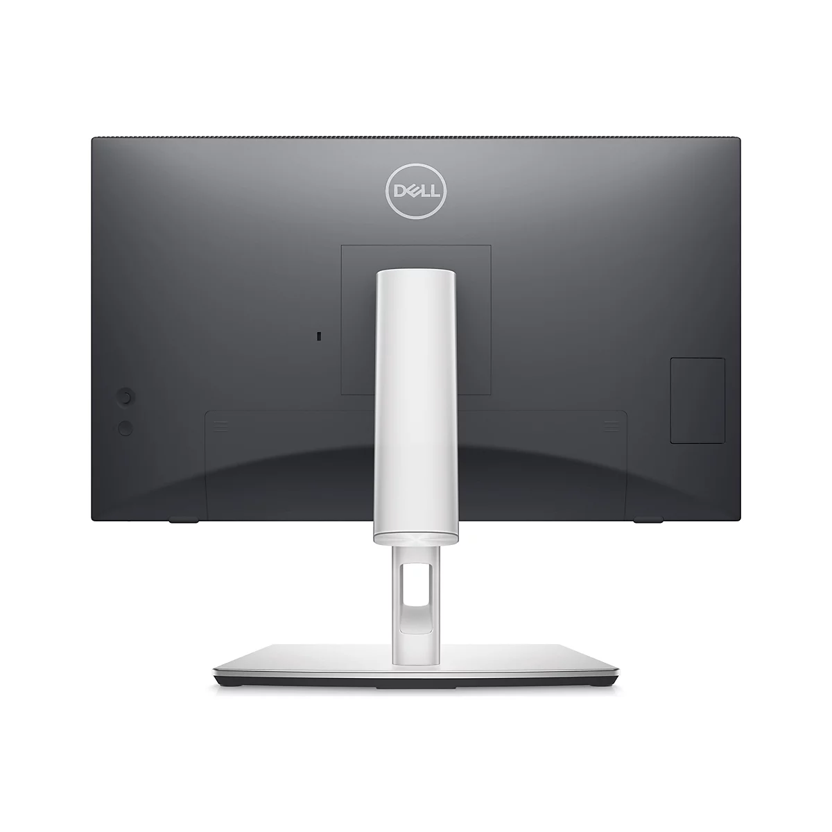 Rückseite eines schwarzen Dell-Monitors, weißer Ständer, Dell-Logo.