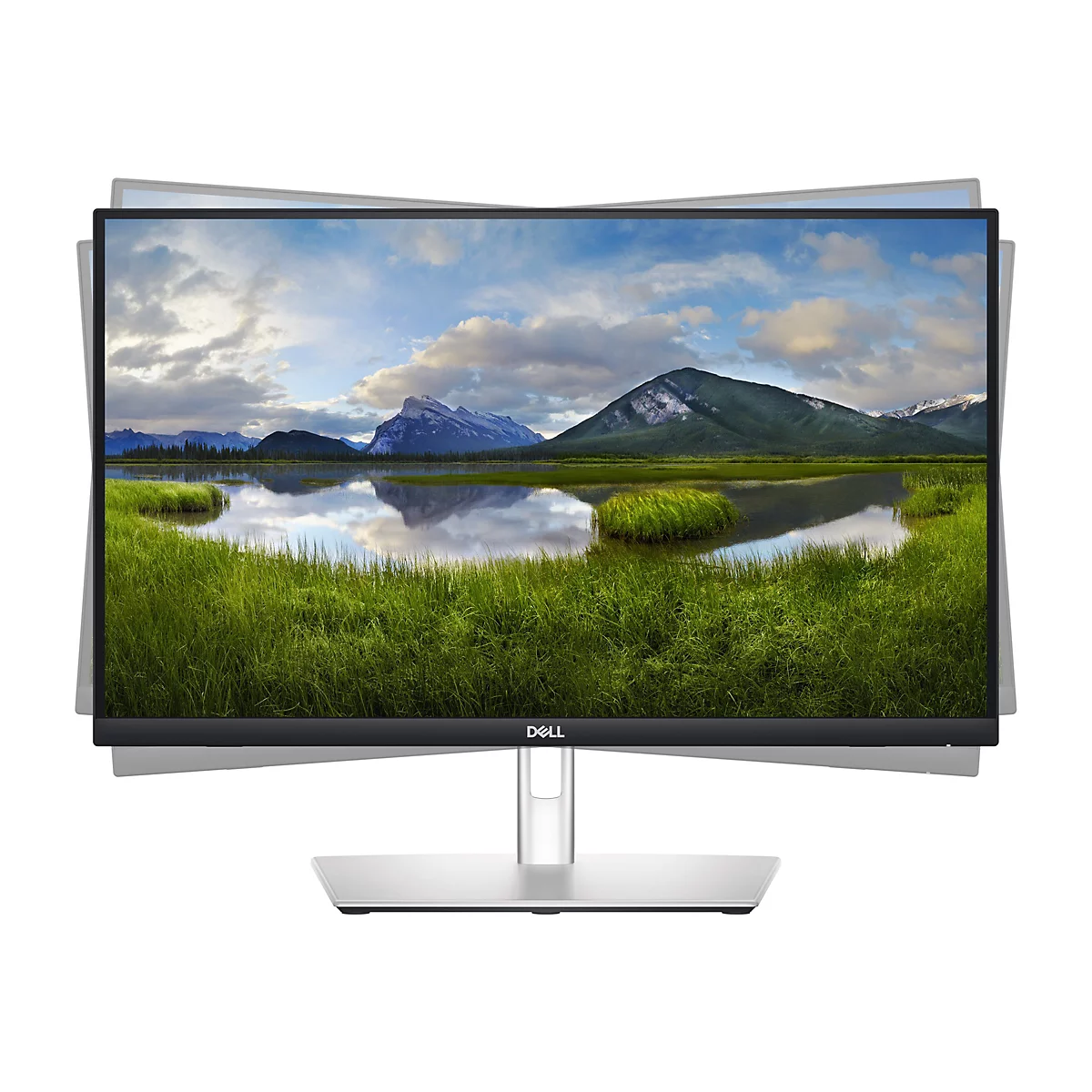 Ein Dell Monitor mit einem Naturhintergrund, der um eine horizontale Achse geneigt ist. Auf dem Monitor ist eine Landschaft mit Bergen, Wasser und Gras zu sehen.